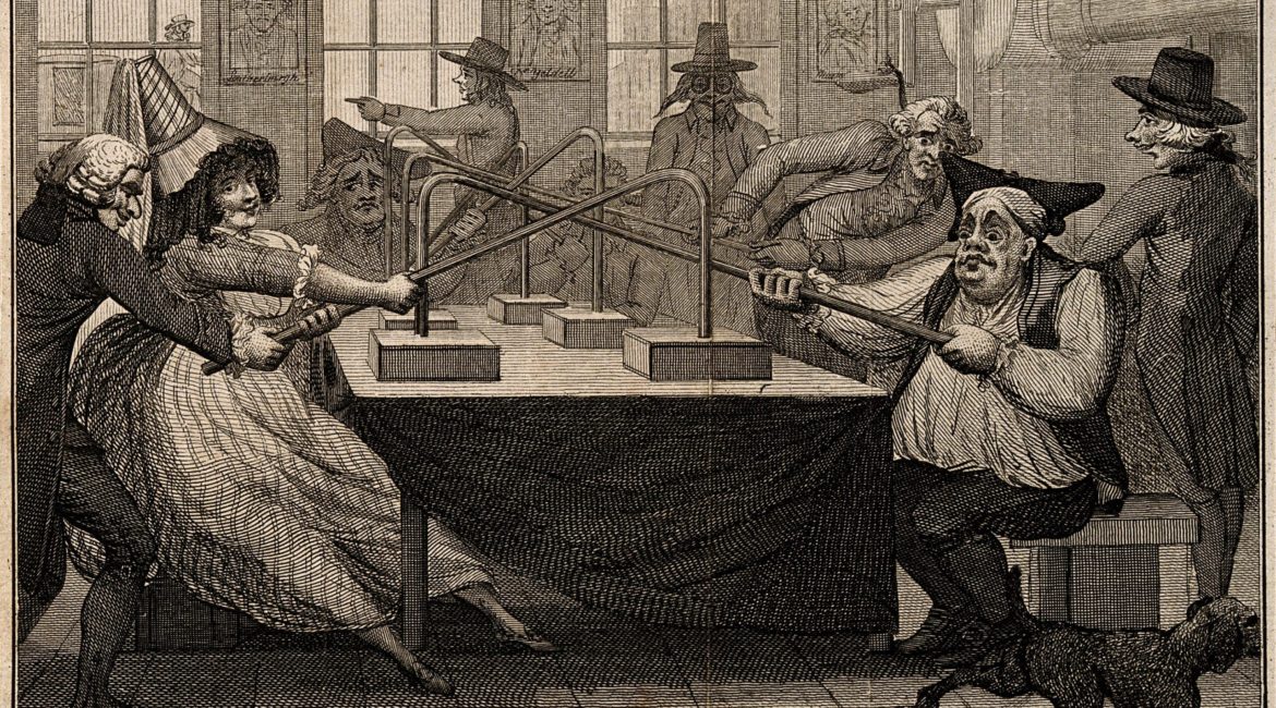 Пациенты, проходящие магнитотерапию. Офорт Дж. Барлоу, 1790 г.