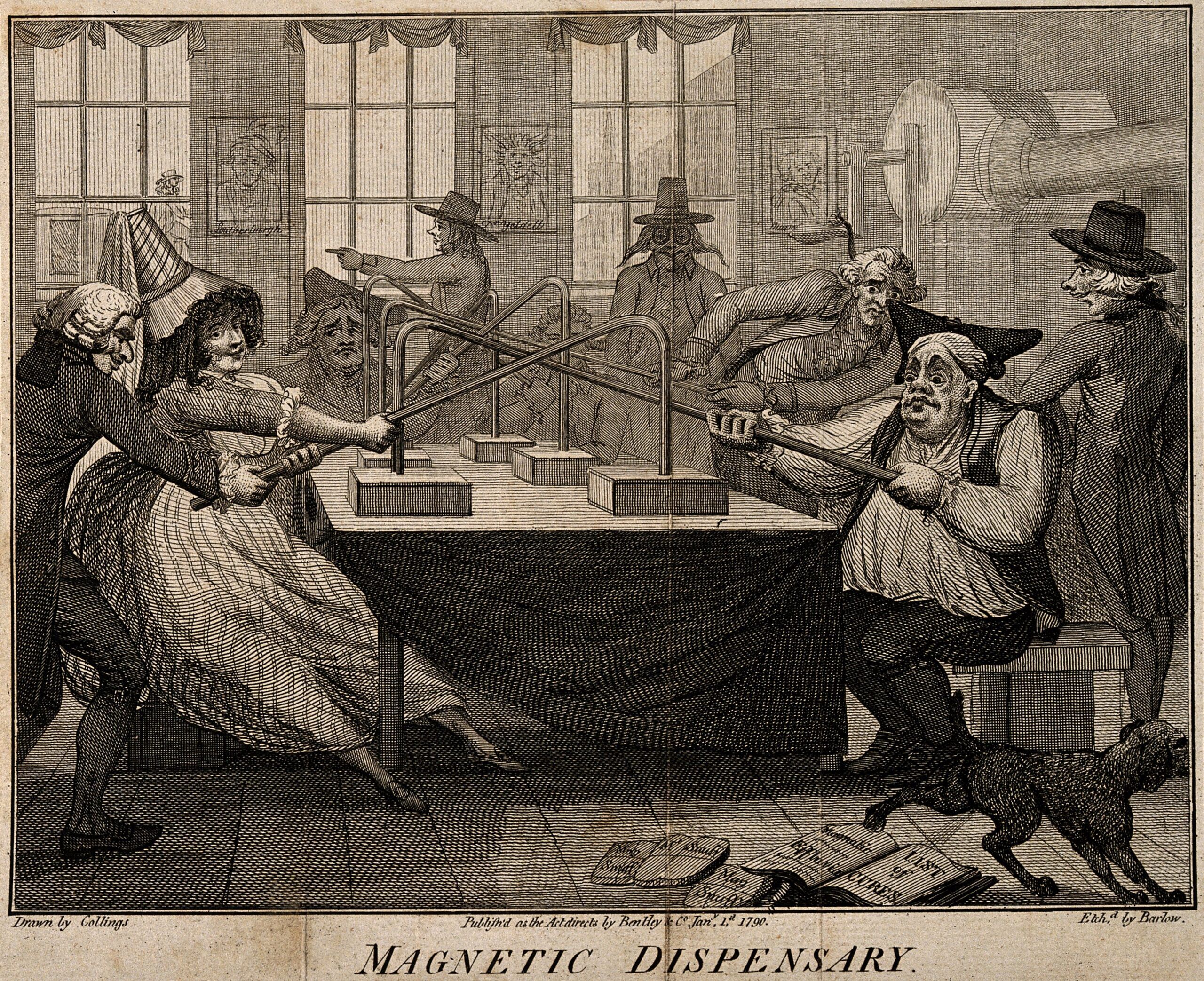 Пациенты, проходящие магнитотерапию. Офорт Дж. Барлоу, 1790 г.